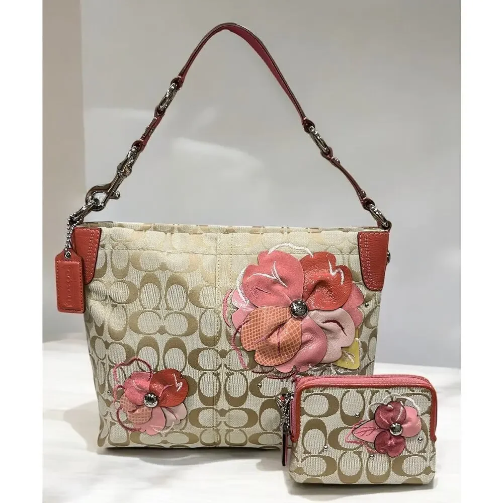 Y2K Coach F16879 Signature Floral Carly Hobo Bag & Corner Zip Wallet